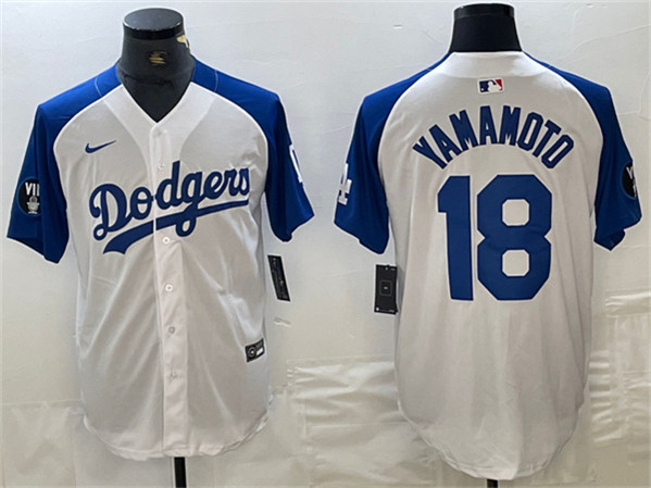 Los Angeles Dodgers #18 Yoshinobu Yamamoto White Blue Vin Patch Cool Base Stitched Jersey - Click Image to Close